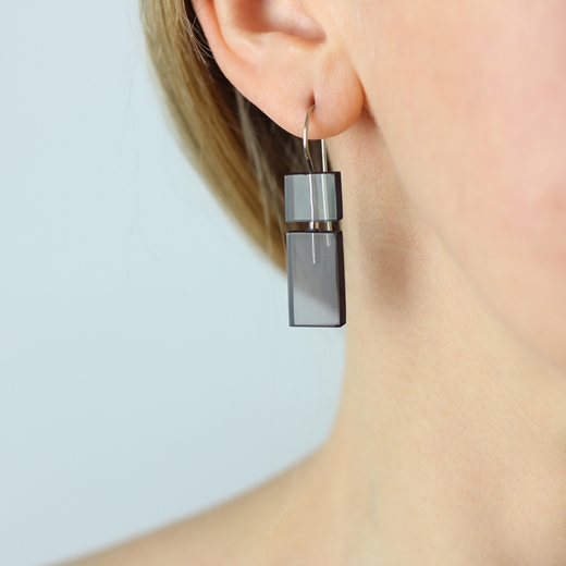 Short Construction earrings aqua and grey worn