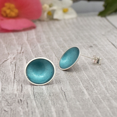Silver and enamel studs - teal