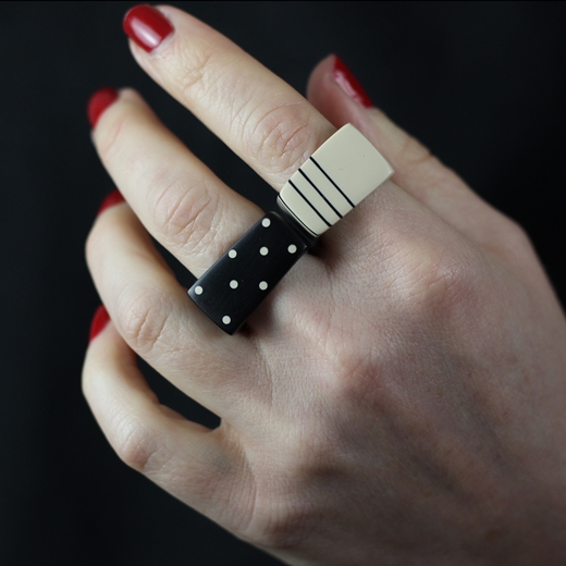 Square ring - black with nude dots inlayed worn