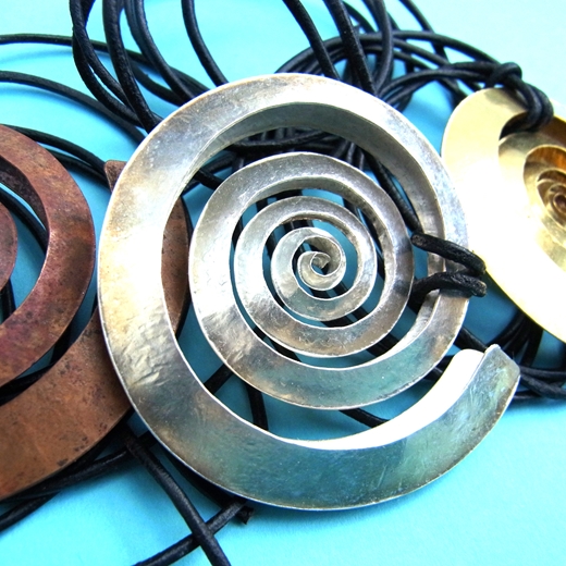 Small spiral pendants- copper,silver&brass
