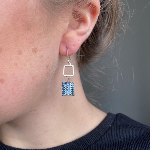 Blue and Silver Square Wire Drop Earrings