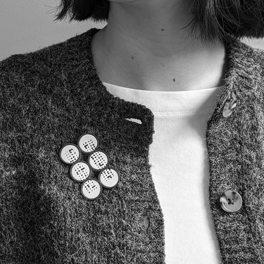 Enamel Dot Marked Lined Disc Brooch - worn