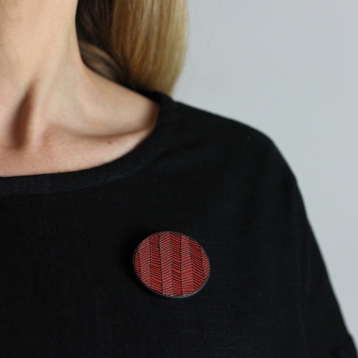 Red Chevron Oval Brooch - worn