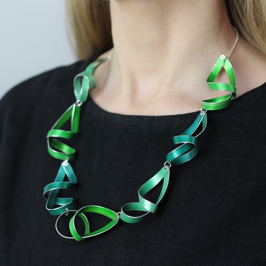 Lime, forest and green seven ribbon necklace worn