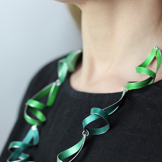 Lime, forest and green seven ribbon necklace worn detail