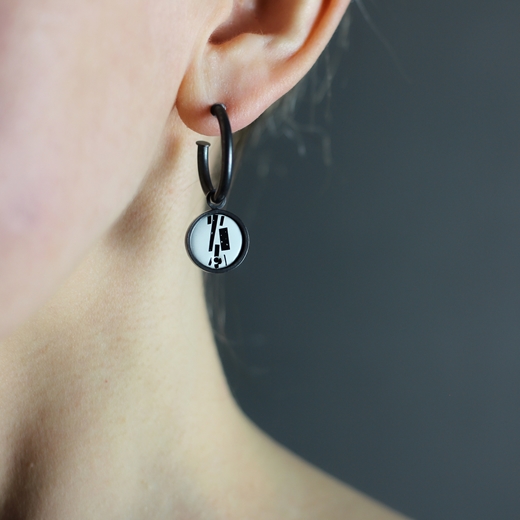 Enamel shred marked disc drop hoop earrings - worn