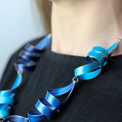 Turquoise blue, royal blue and indigo five long ribbon necklace detail