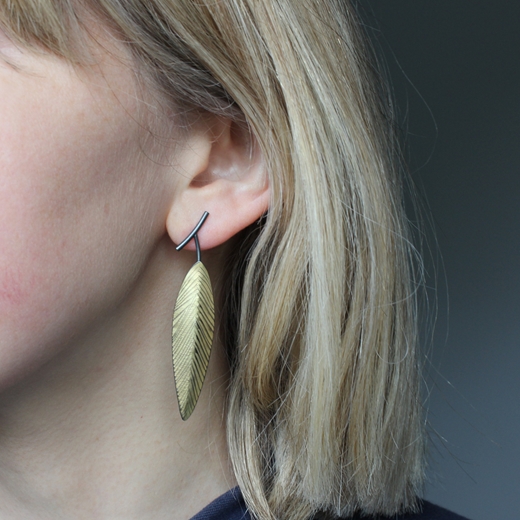 Long Leaf Earrings on ear