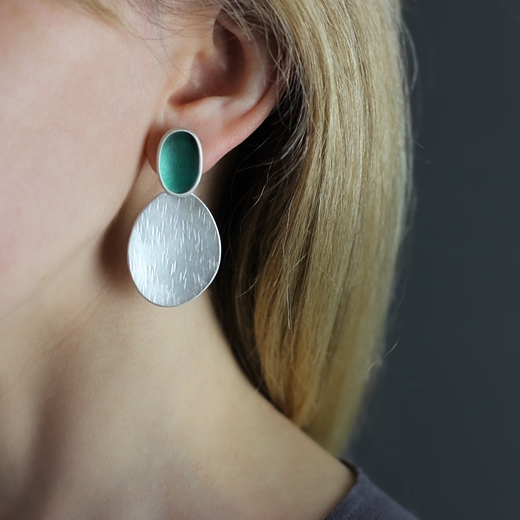 Green concave and textured concave earrings - worn