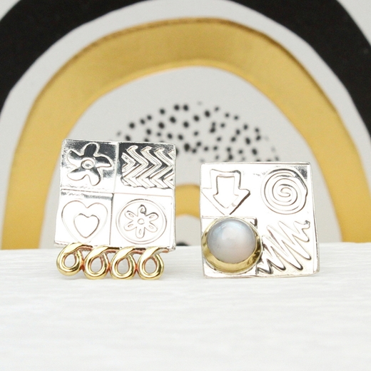 Asymmetrical ear studs, large, white moonstone