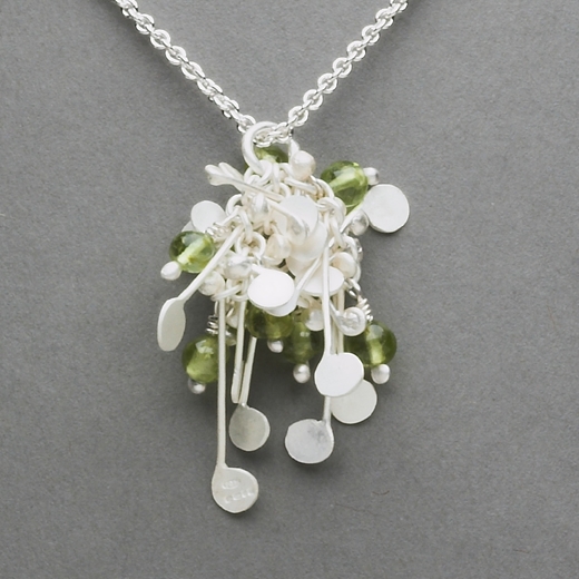 Blossom wire cluster pendant with peridot, satin