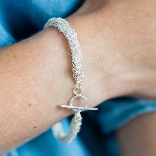 French Knitted Trace Chain Bracelet With T-Bar - Modelled