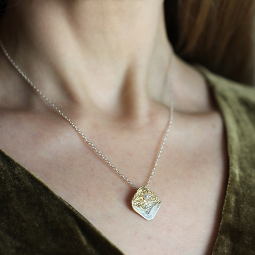 Gold & Pearl Squared Pendant worn