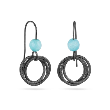 French Knit Patterned 3 Interlinking Hoop Cluster Earrings / Faceted Turquoise Amazonite - Oxidised
