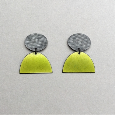 Oxidised oval stud with part yellow green half oval