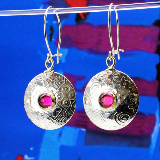 Round earrings, large, pink corundum