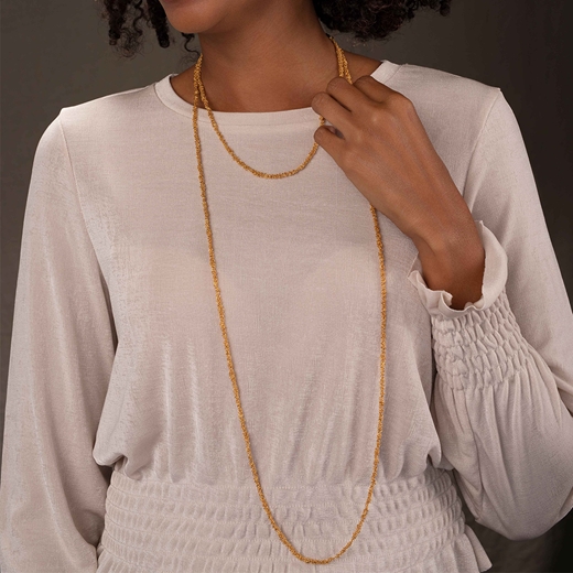 Gold Plated Crochet Necklace - Model Shown wear long and short crochet chains