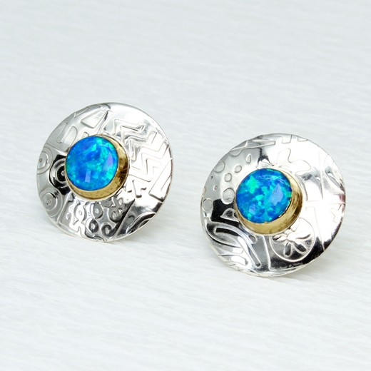 round ear studs, blue opal, 3