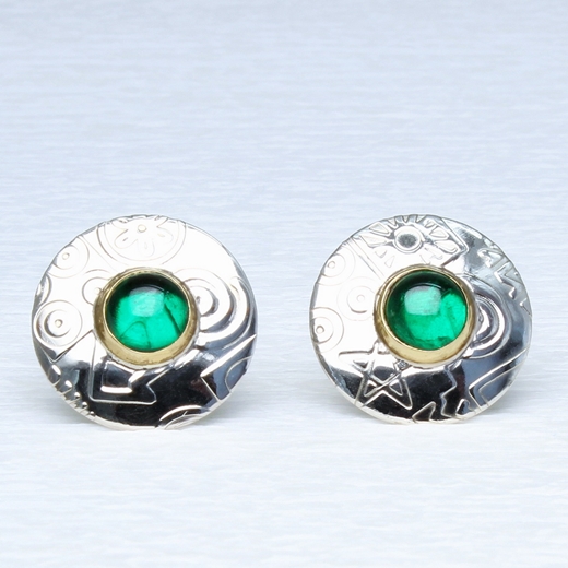 Round ear studs, green spinel, 2