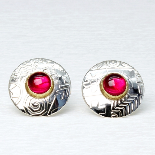 round ear studs, pink corundum, 8