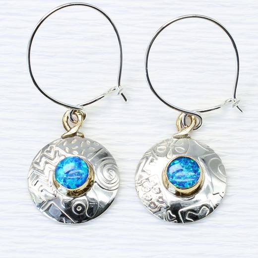 Round earrings, blue opal, 2