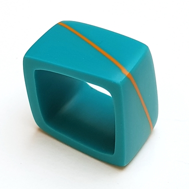 Deep turquoise square resin ring with bright orange stripe inlayed